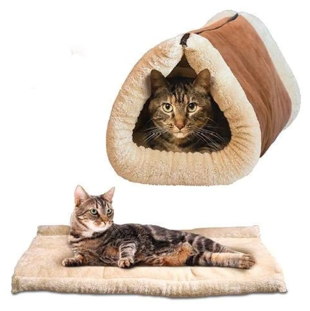 Cat Bed Cave House Bed - Best for Indoor Cats Houses Heated Kitten Warm Pet Self Warming w/Hoods Caves Igloo Covered Pod Felted Faux Felt Wool Cocoon - 2-in-1 Fleece Tunnel Tube Mat Premium