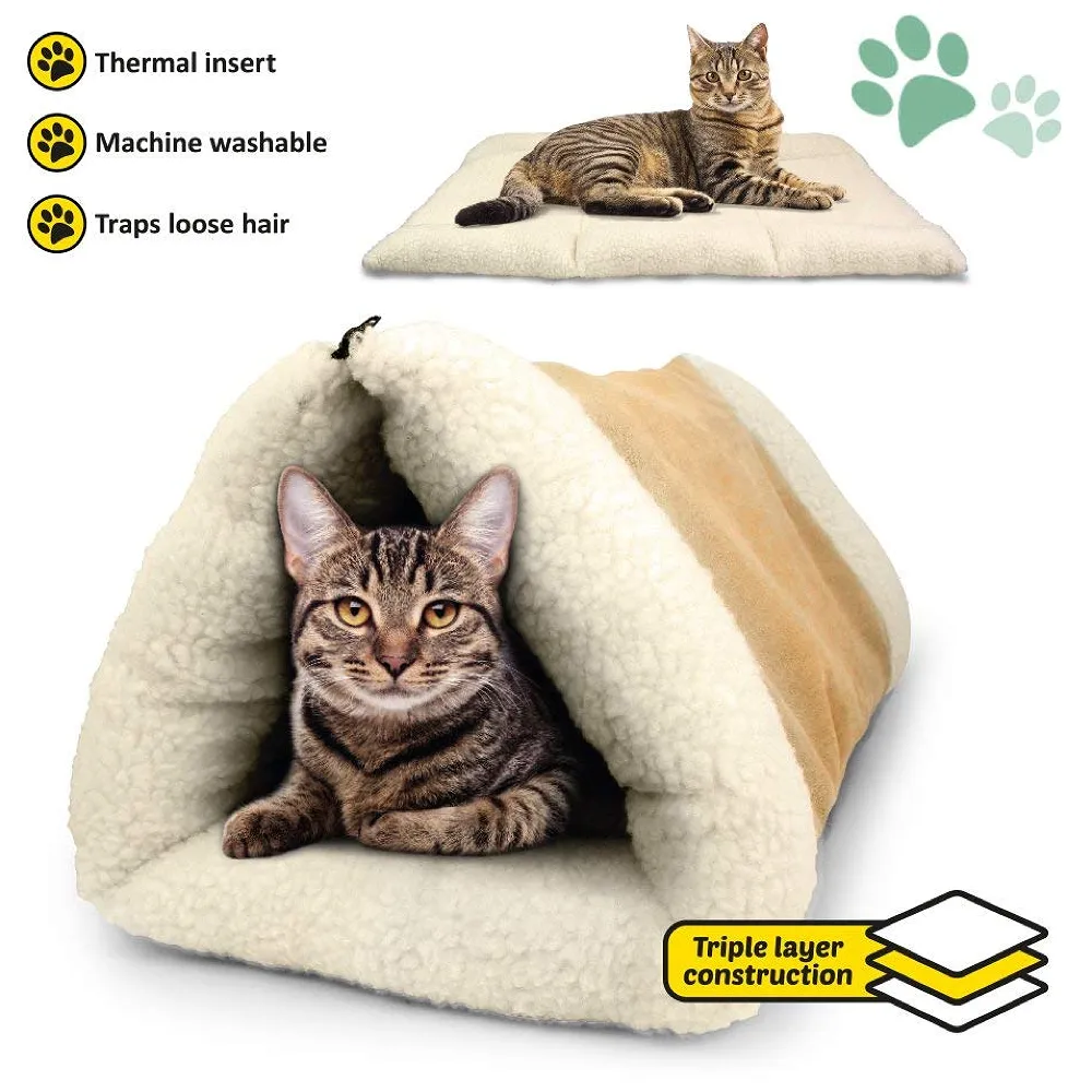 Cat Bed Cave House Bed - Best for Indoor Cats Houses Heated Kitten Warm Pet Self Warming w/Hoods Caves Igloo Covered Pod Felted Faux Felt Wool Cocoon - 2-in-1 Fleece Tunnel Tube Mat Premium