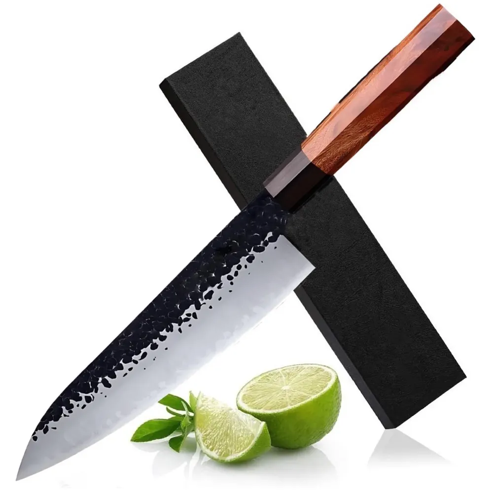 Japanese Chef Knife - Damascus Pattern, 8 Inch, Silver, High Carbon Stainless Steel, Wooden Handle