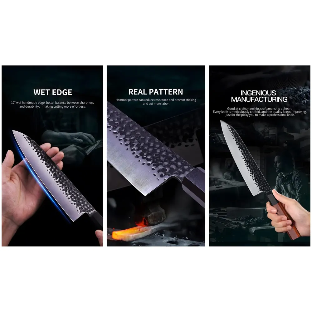 Japanese Chef Knife - Damascus Pattern, 8 Inch, Silver, High Carbon Stainless Steel, Wooden Handle - 7