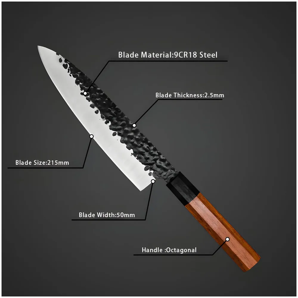 Japanese Chef Knife - Damascus Pattern, 8 Inch, Silver, High Carbon Stainless Steel, Wooden Handle