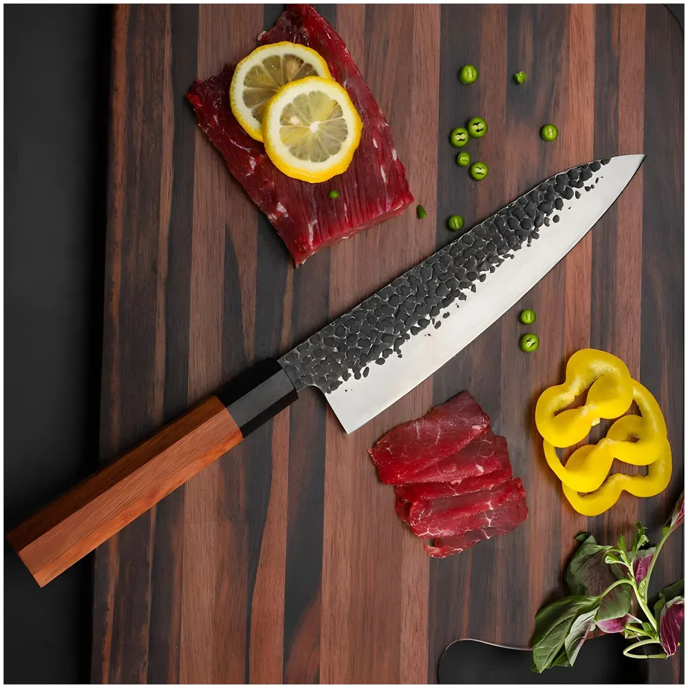 Japanese Chef Knife - Damascus Pattern, 8 Inch, Silver, High Carbon Stainless Steel, Wooden Handle