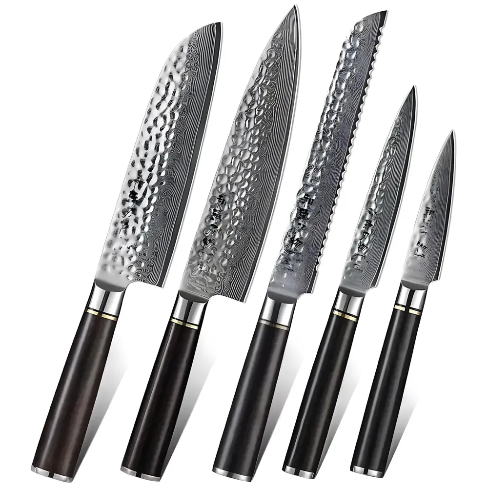 LIMEGIRL 5 Pcs Knife Japanese Knife with Damascus Pattern ~ Tsushima Collection ~ Chef Knife High Carbon Stainless Steel Laser Knives Kitchen 5 pcs