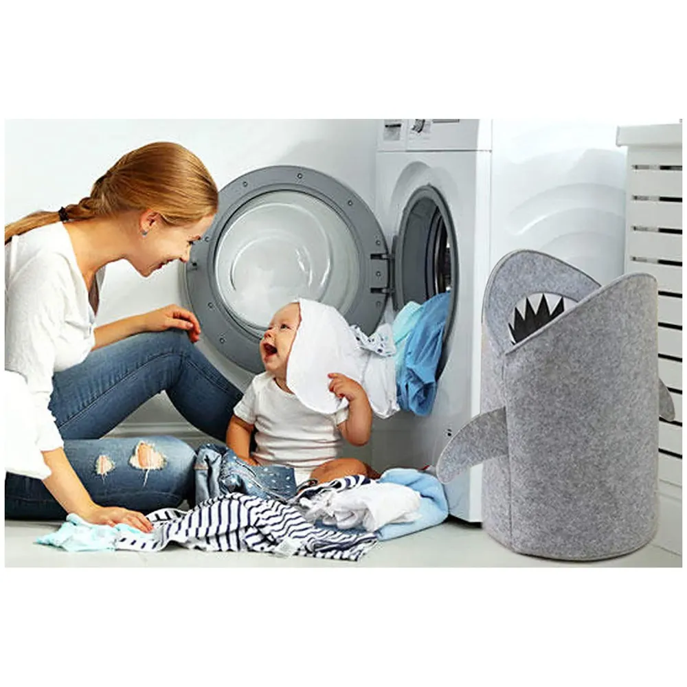 Kids Shark Laundry Dirty Clothes Basket Toys Storage Organizer Bin Hamper Tote Box Felt Cloth Eco-Friendly Collapsible Foldable Multi-Functional (Light) - 2