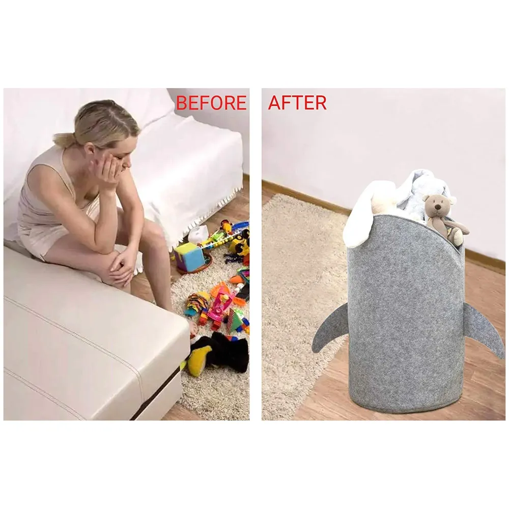 Kids Shark Laundry Dirty Clothes Basket Toys Storage Organizer Bin Hamper Tote Box Felt Cloth Eco-Friendly Collapsible Foldable Multi-Functional (Light) - 3