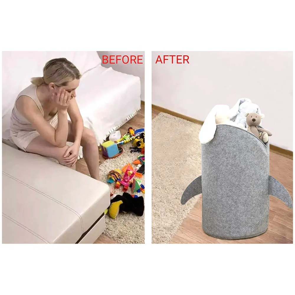 Kids Shark Laundry Dirty Clothes Basket Toys Storage Organizer Bin Hamper Tote Box Felt Cloth Eco-Friendly Collapsible Foldable Multi-Functional (Light)