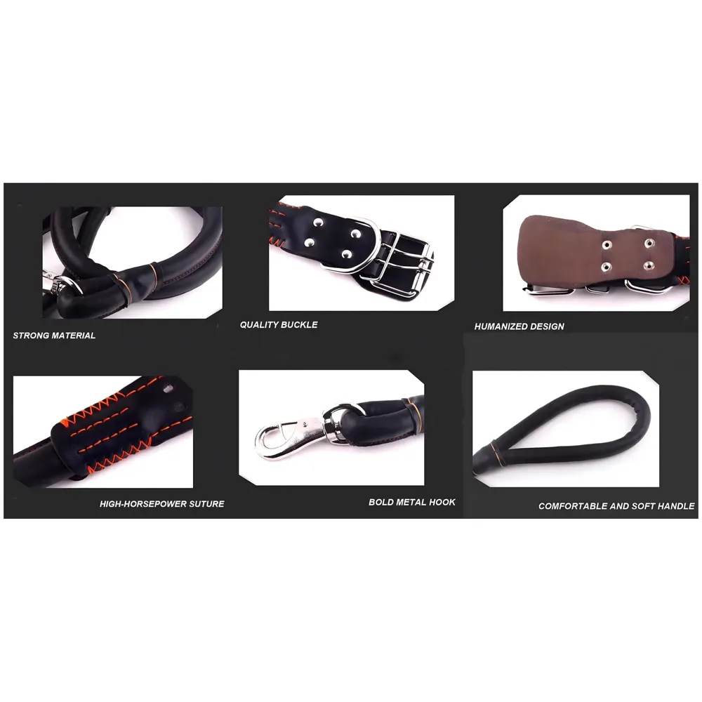 Black Dog Collar and Leash Combo Adjustable Dog Belt for Labradors, Golden Retriever, German Shepherd, Soft Handle Faux Leather, Black 48-58cm Collar / 140cm Leash