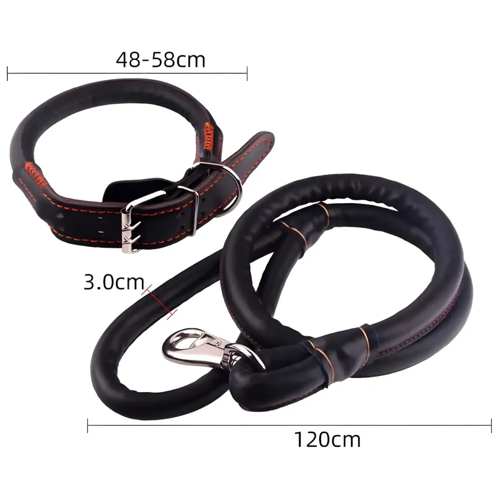 Black Dog Collar and Leash Combo Adjustable Dog Belt for Labradors, Golden Retriever, German Shepherd, Soft Handle Faux Leather, Black 48-58cm Collar / 140cm Leash