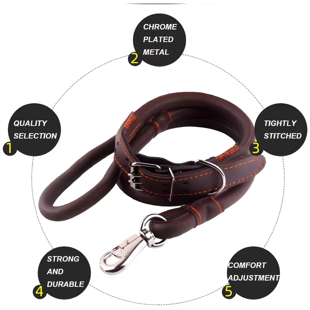 Black Dog Collar and Leash Combo Adjustable Dog Belt for Labradors, Golden Retriever, German Shepherd, Soft Handle Faux Leather, Black 48-58cm Collar / 140cm Leash