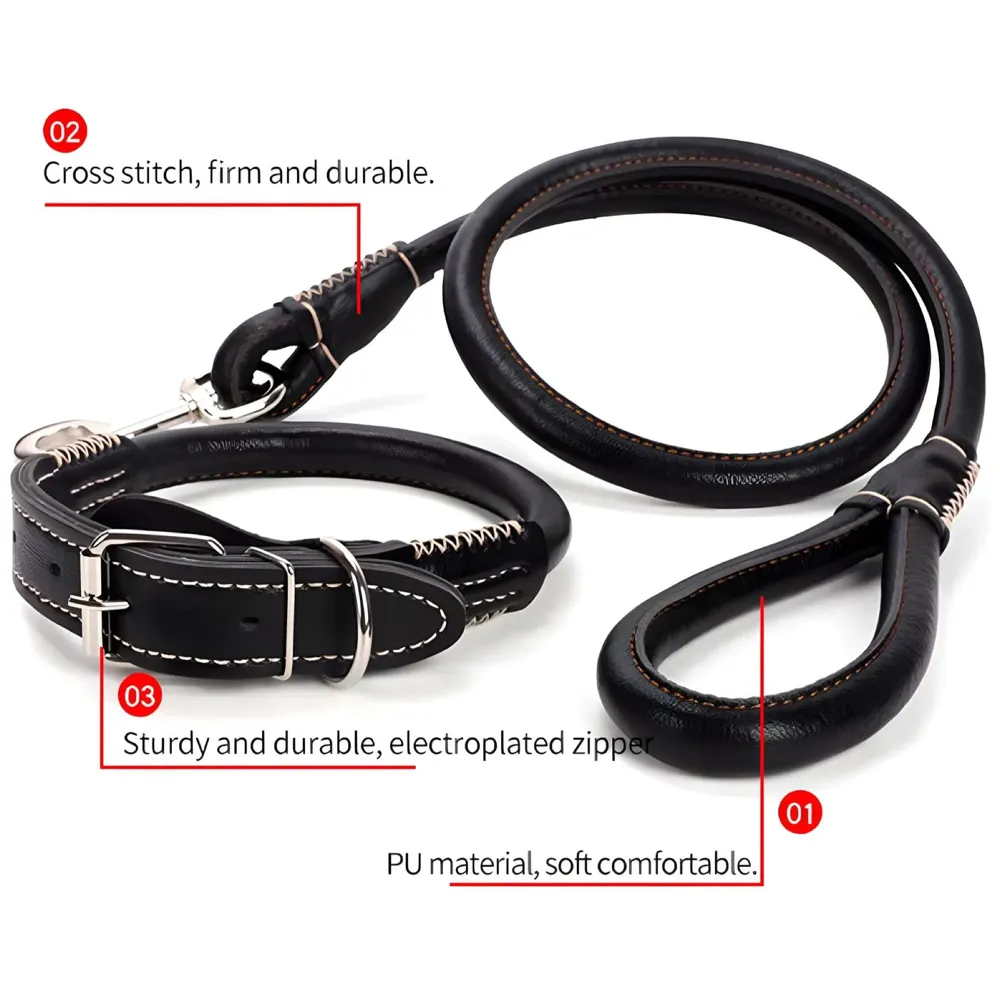 Black Dog Collar and Leash Combo Adjustable Dog Belt for Labradors, Golden Retriever, German Shepherd, Soft Handle Faux Leather, Black 48-58cm Collar / 140cm Leash
