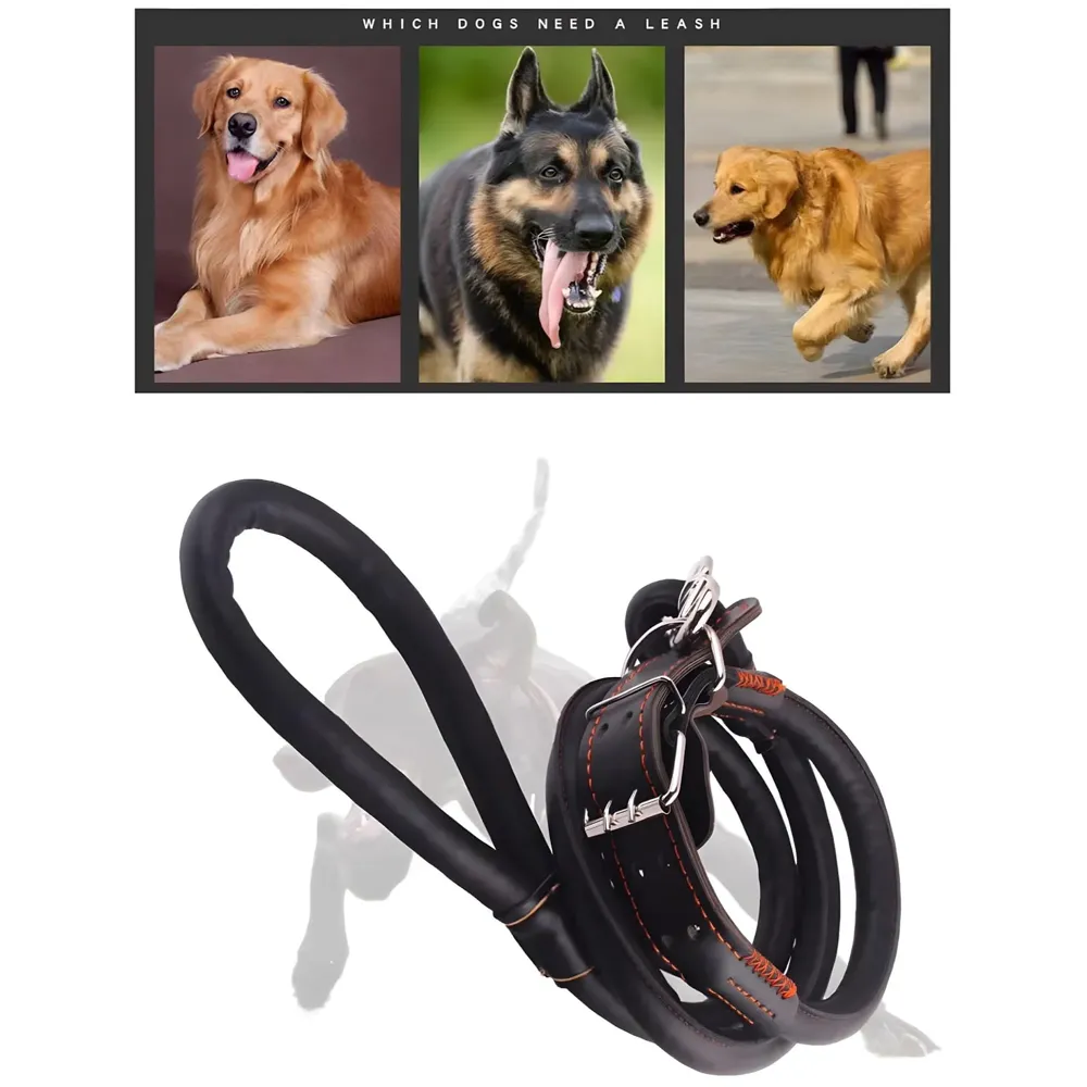 Black Dog Collar and Leash Combo Adjustable Dog Belt for Labradors, Golden Retriever, German Shepherd, Soft Handle Faux Leather, Black 48-58cm Collar / 140cm Leash
