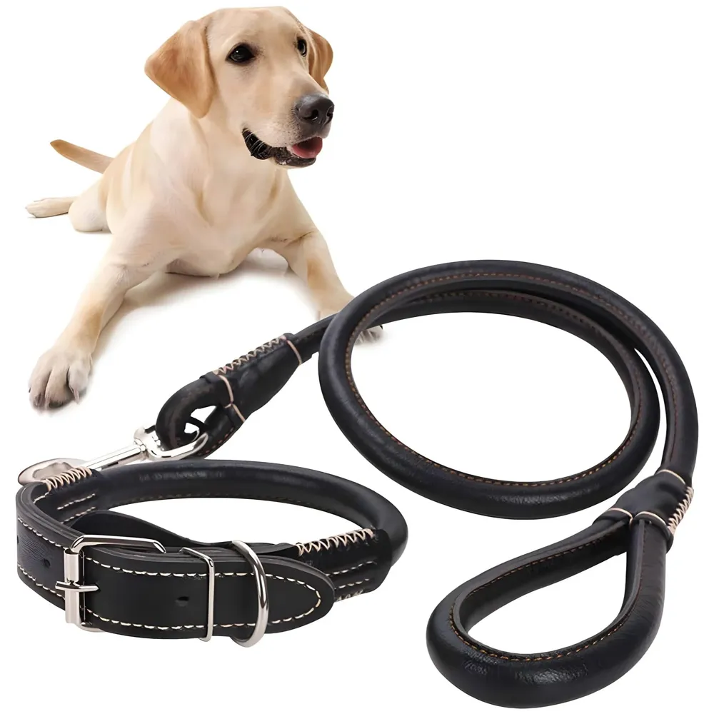 Black Dog Collar and Leash Combo Adjustable Dog Belt for Labradors, Golden Retriever, German Shepherd, Soft Handle Faux Leather, Black 48-58cm Collar / 140cm Leash