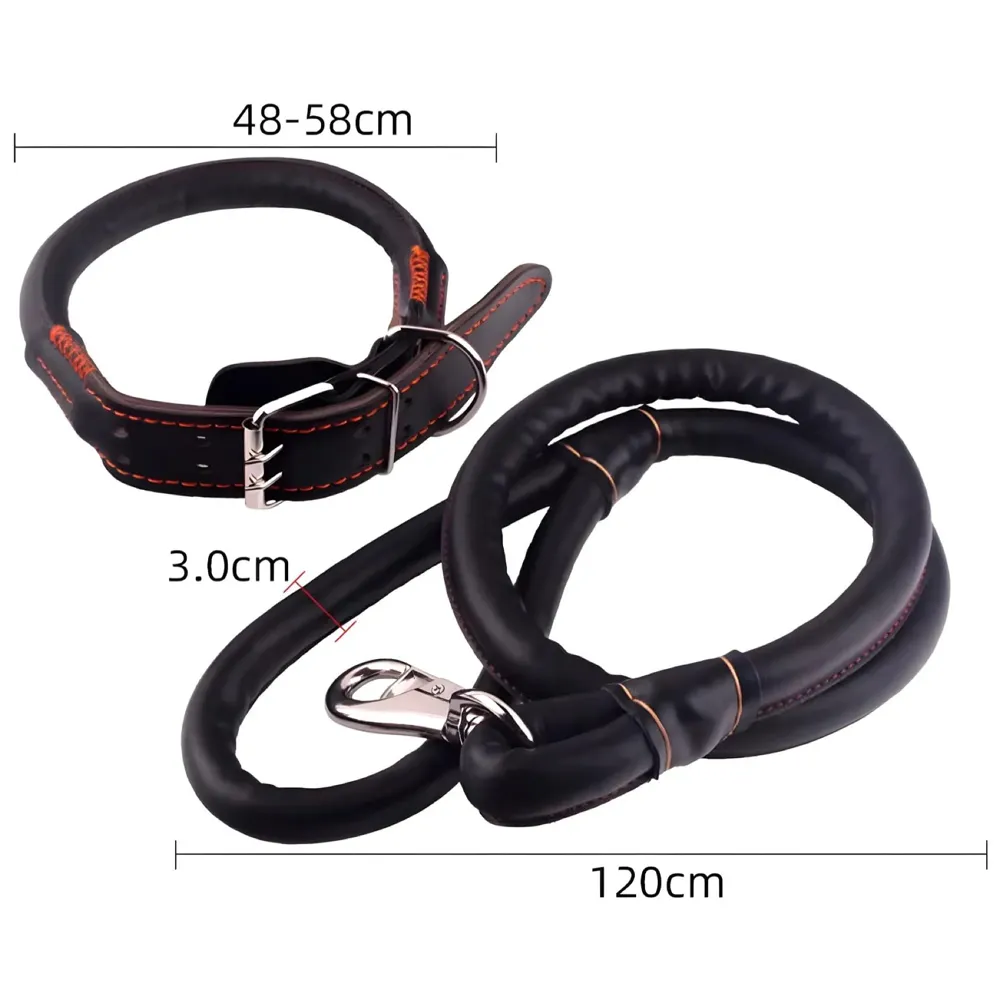 Black Dog Collar and Leash Combo Adjustable Dog Belt for Labradors, Golden Retriever, German Shepherd, Soft Handle Faux Leather, Black 48-58cm Collar / 140cm Leash - 4