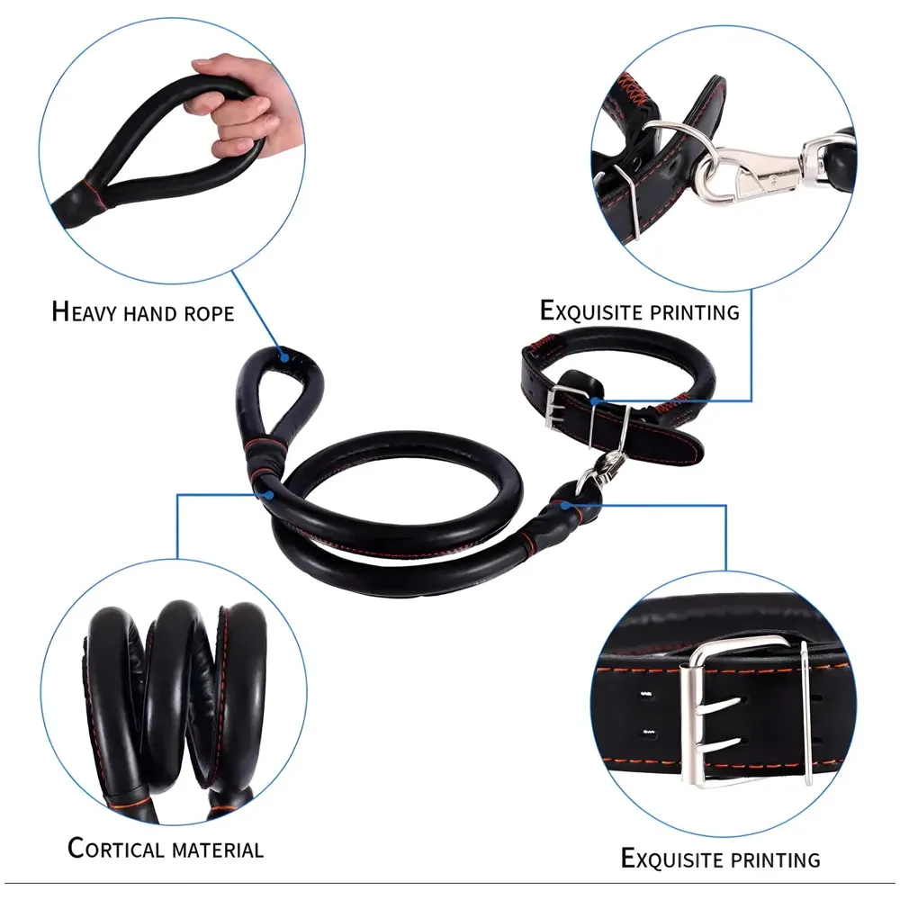 Black Dog Collar and Leash Combo Adjustable Dog Belt for Labradors, Golden Retriever, German Shepherd, Soft Handle Faux Leather, Black 48-58cm Collar / 140cm Leash - 5