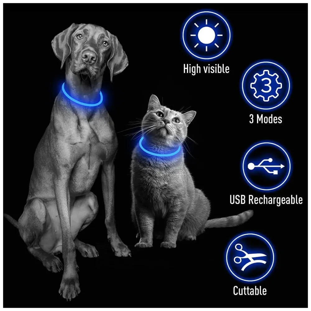 LED Dog Collar, USB Rechargeable LED Optical Fibre Collar Flashing Dog Collar DIY Light Up Necklaces Ensuring Safety for Night Walking 70-20 Cm (Blue)