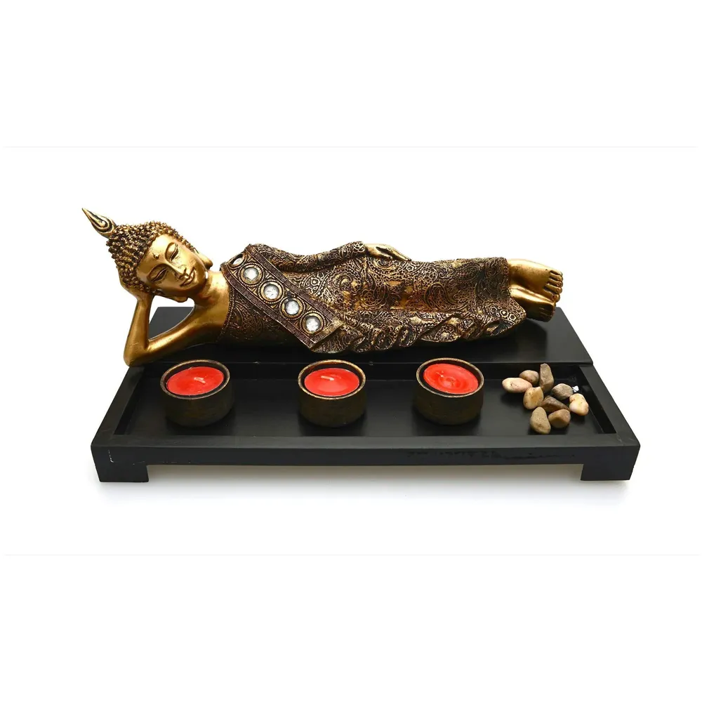 Wooden Tea Light Candle Holders with Decorative Stones, 1 Reclining Buddha and 3 Real Wax Candles Gift Home Decor