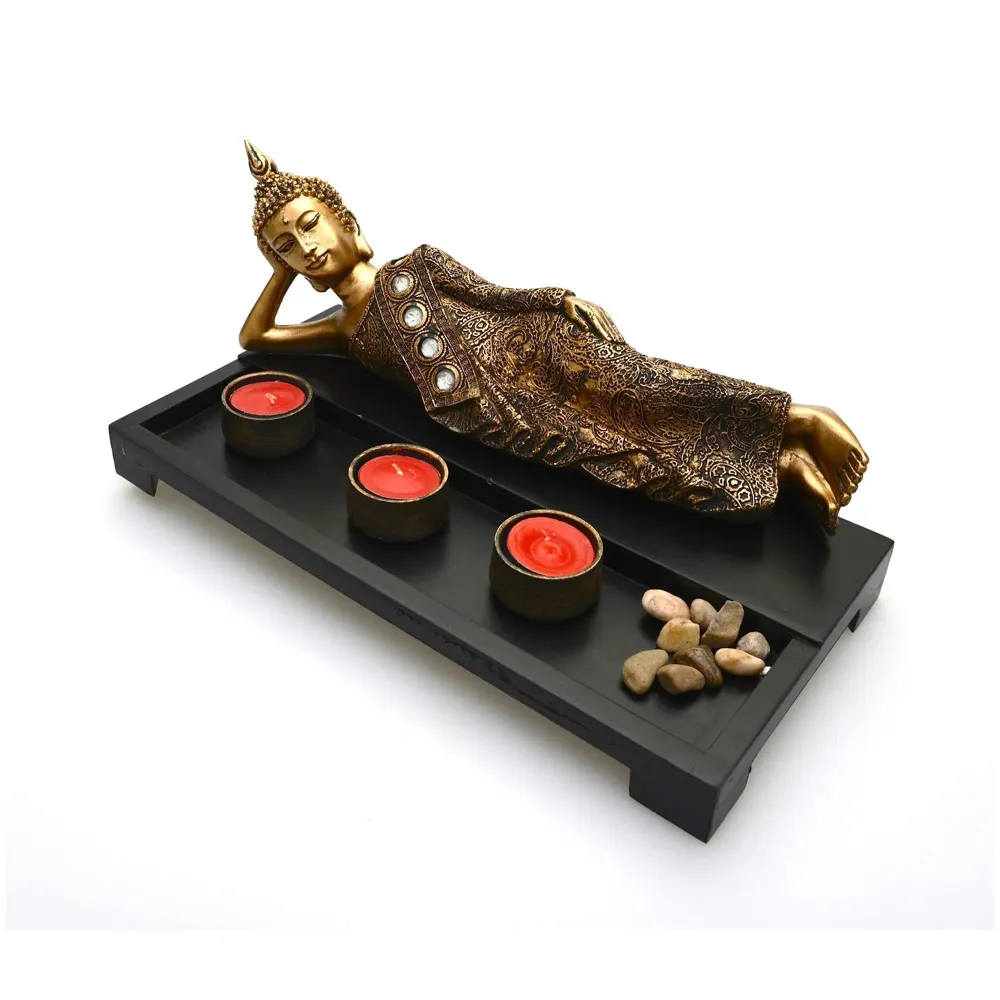 Wooden Tea Light Candle Holders with Decorative Stones, 1 Reclining Buddha and 3 Real Wax Candles Gift Home Decor - 2
