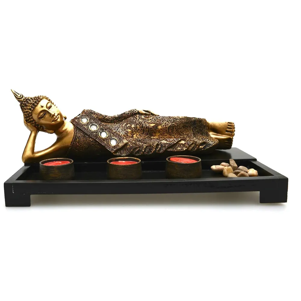 Wooden Tea Light Candle Holders with Decorative Stones, 1 Reclining Buddha and 3 Real Wax Candles Gift Home Decor - 3