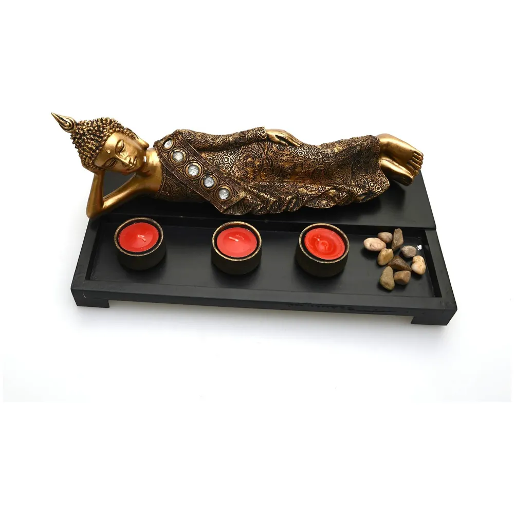 Wooden Tea Light Candle Holders with Decorative Stones, 1 Reclining Buddha and 3 Real Wax Candles Gift Home Decor - 4