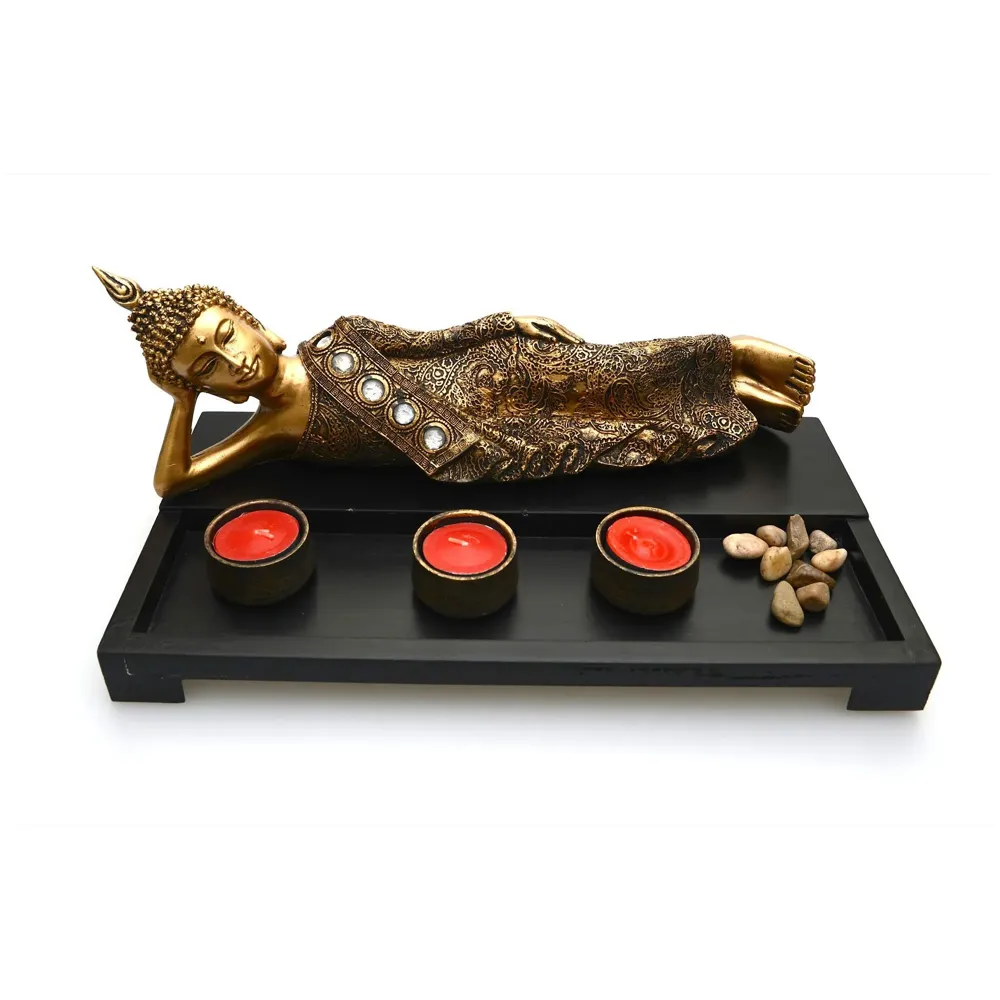 Wooden Tea Light Candle Holders with Decorative Stones, 1 Reclining Buddha and 3 Real Wax Candles Gift Home Decor - 5