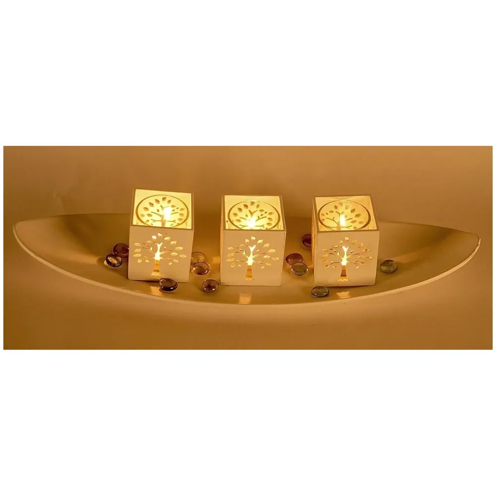 White ~ Wooden TeaLight Candle Holders with Decorative Stones, 3 Glasses and 3 Real Wax Candles ~ Gift ~ Home Decor ~ Valentine - 3