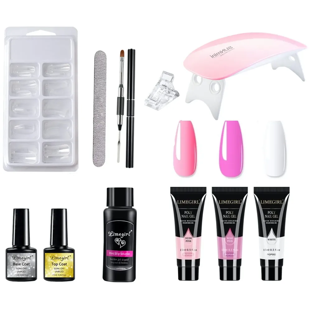 LIMEGIRL Acrylic Gel Poly Nail Extension Kit with UV Lamp, 3 Colors Rose Pink White, Nail Art Tools Set
