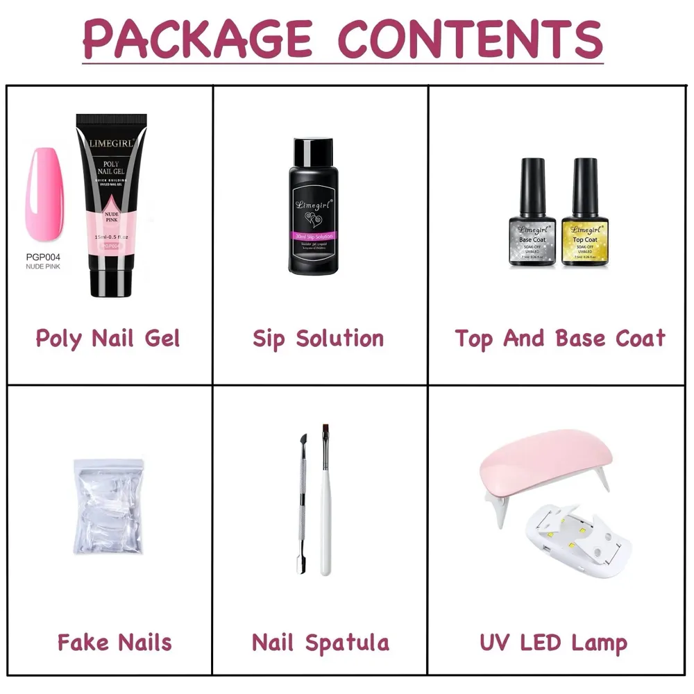 Pink Acrylic Gel Nail Extension Set with Nail Lamp