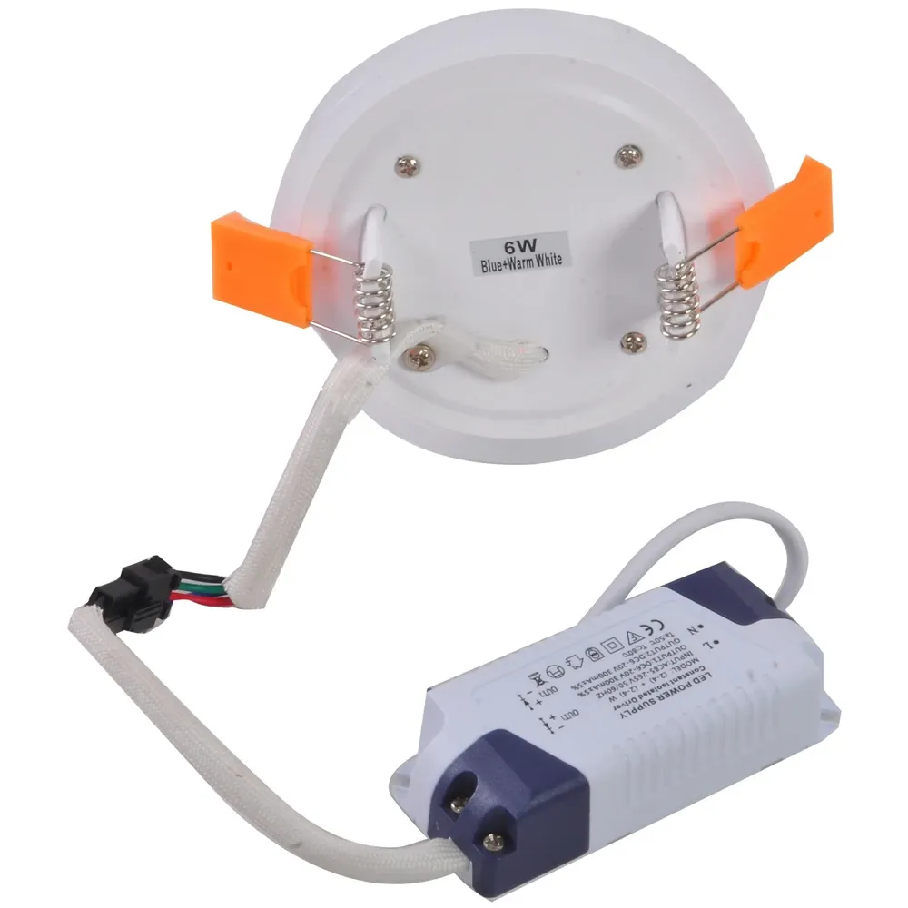 Premium 6 Watts Round LED Panel Light ~ 4 Inches Diameter (105 mm) ~ Ceiling Downlight 3 In 1 Colour :[ Blue Ring, Warm White and Blue+Warm White = Cool White ] ~ 3 Modes Which Can Be Cycled By On-Off Switch ~ 6 Watts (Blue=3 Watts + Warm White =3 Watts) ~ operates at 90-265 Volts ~ ceiling cut out 75mm ~ 30 mm thickness with Bracket (8mm Exposed + 22mm Concealed) - 5