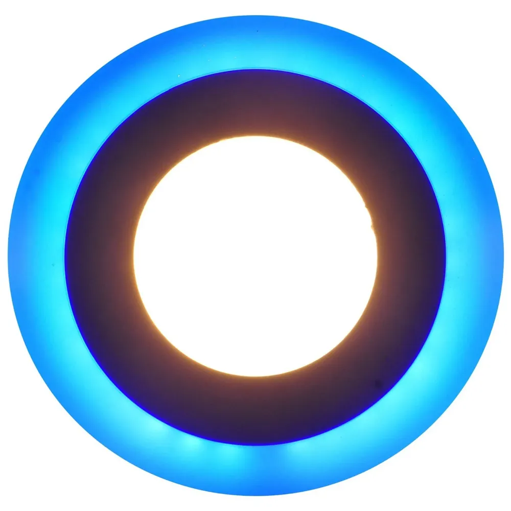 Premium 9 Watts Round LED Panel Light ~ 5.7 inches Diameter (145 mm) ~ Ceiling Downlight 3 In 1 Colour :[ Blue Ring, Warm White and Blue+Warm White = Cool White ] ~ 3 Modes Which Can Be Cycled By On-Off Switch ~ 9 Watts (Blue=3 Watts + Warm White =6 Watts) ~ operates at 90-265 Volts ~ ceiling cut out 105mm ~ 30 mm thickness with Bracket (8mm Exposed + 22mm Concealed)