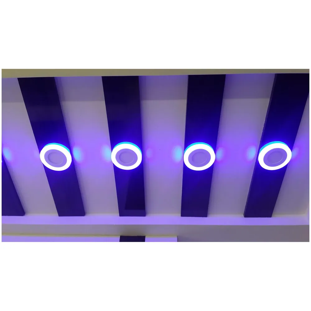 Premium 9 Watts Round LED Panel Light ~ 5.7 inches Diameter (145 mm) ~ Ceiling Downlight 3 In 1 Colour :[ Blue Ring, Warm White and Blue+Warm White = Cool White ] ~ 3 Modes Which Can Be Cycled By On-Off Switch ~ 9 Watts (Blue=3 Watts + Warm White =6 Watts) ~ operates at 90-265 Volts ~ ceiling cut out 105mm ~ 30 mm thickness with Bracket (8mm Exposed + 22mm Concealed) - 2