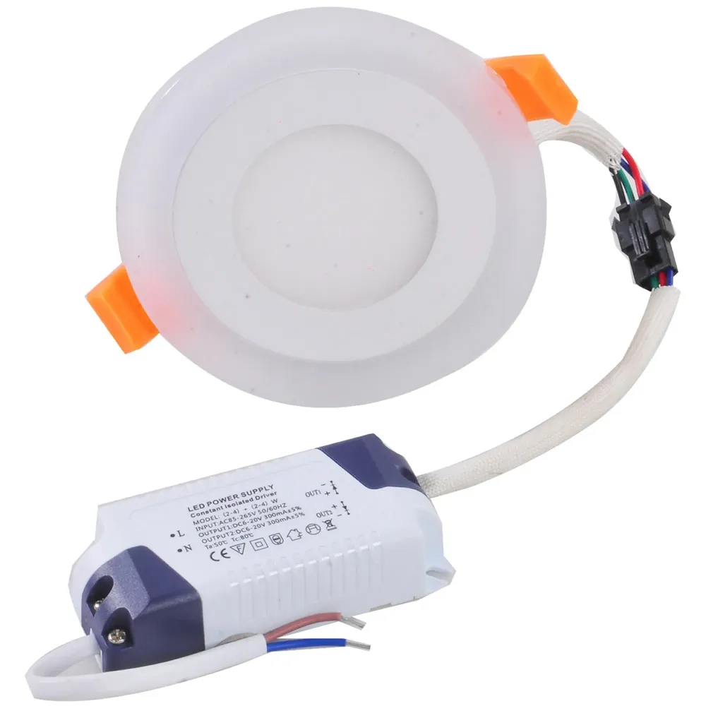 Premium 9 Watts Round LED Panel Light ~ 5.7 inches Diameter (145 mm) ~ Ceiling Downlight 3 In 1 Colour :[ Blue Ring, Warm White and Blue+Warm White = Cool White ] ~ 3 Modes Which Can Be Cycled By On-Off Switch ~ 9 Watts (Blue=3 Watts + Warm White =6 Watts) ~ operates at 90-265 Volts ~ ceiling cut out 105mm ~ 30 mm thickness with Bracket (8mm Exposed + 22mm Concealed) - 4