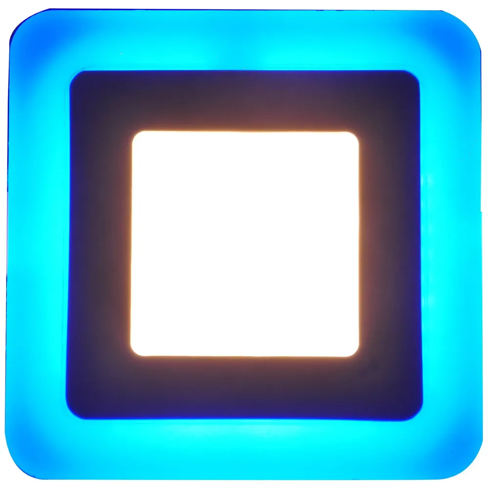 Premium 6 Watts Square LED Panel Light ~ 4 x 4 inches (105 x 105 mm) ~ Ceiling Downlight 3 In 1 Colour :[ Blue Ring, Warm White and Blue+Warm White = Cool White ] ~ 3 Modes Which Can Be Cycled By On-Off Switch ~ 6 Watts (Blue=3 Watts + Warm White =3 Watts) ~ operates at 90-265 Volts ~ ceiling cut out 75 mm ~ thickness 30 mm with Bracket (8mm Exposed + 22mm Concealed)