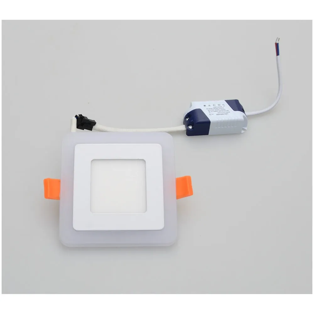 Premium 6 Watts Square LED Panel Light ~ 4 x 4 inches (105 x 105 mm) ~ Ceiling Downlight 3 In 1 Colour :[ Blue Ring, Warm White and Blue+Warm White = Cool White ] ~ 3 Modes Which Can Be Cycled By On-Off Switch ~ 6 Watts (Blue=3 Watts + Warm White =3 Watts) ~ operates at 90-265 Volts ~ ceiling cut out 75 mm ~ thickness 30 mm with Bracket (8mm Exposed + 22mm Concealed) - 5