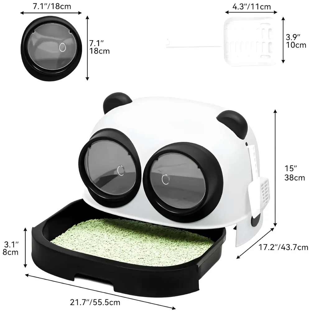 Oversized Cat Litter Box, Litter Box with Lid Large Dual Front Entry, Sliding Litter Drawer with Litter Scoop, Cat Toilet Easy Cleaning - 54 x 43.7 x 38.9 Cm Cute Panda Design Black And White