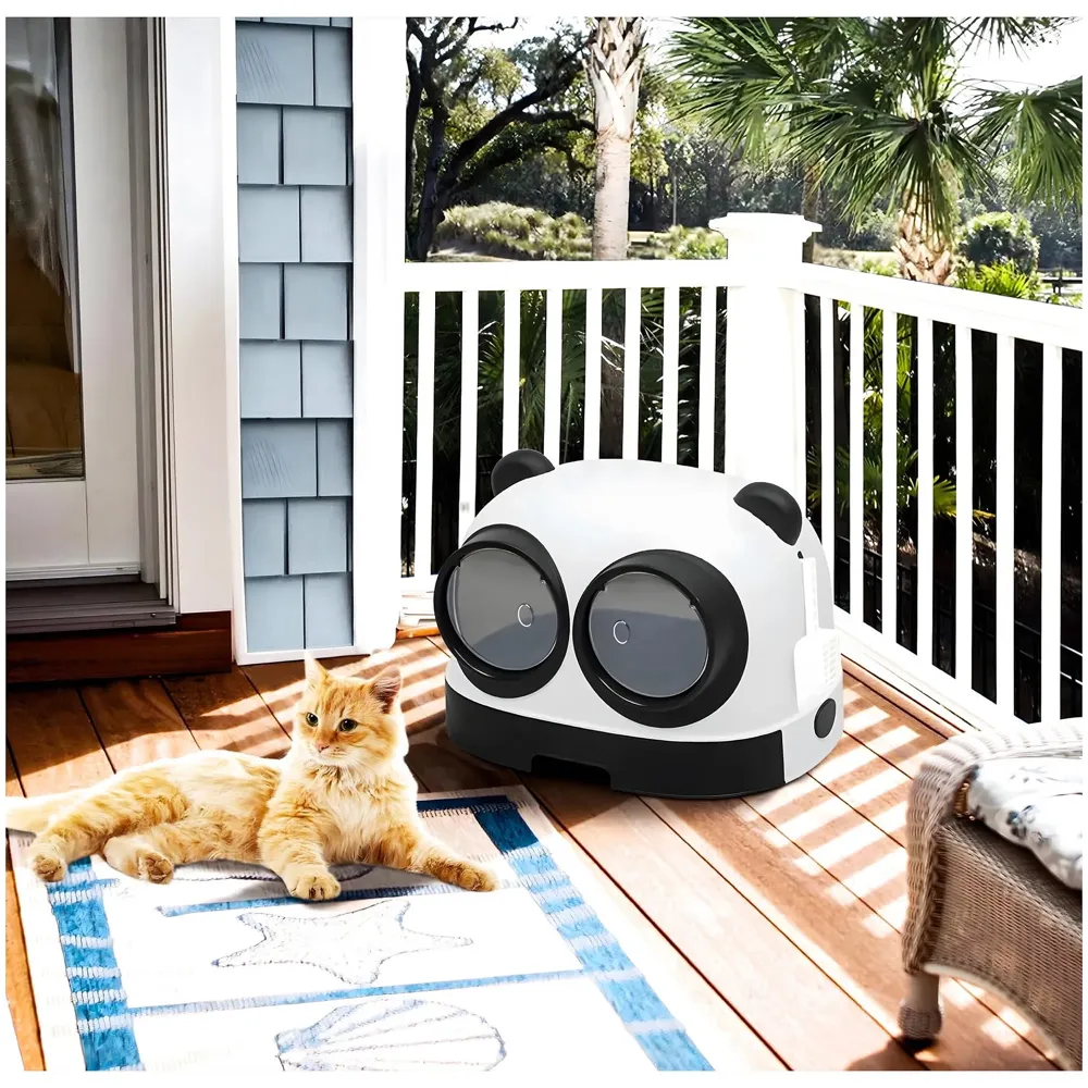 Oversized Cat Litter Box, Litter Box with Lid Large Dual Front Entry, Sliding Litter Drawer with Litter Scoop, Cat Toilet Easy Cleaning - 54 x 43.7 x 38.9 Cm Cute Panda Design Black And White