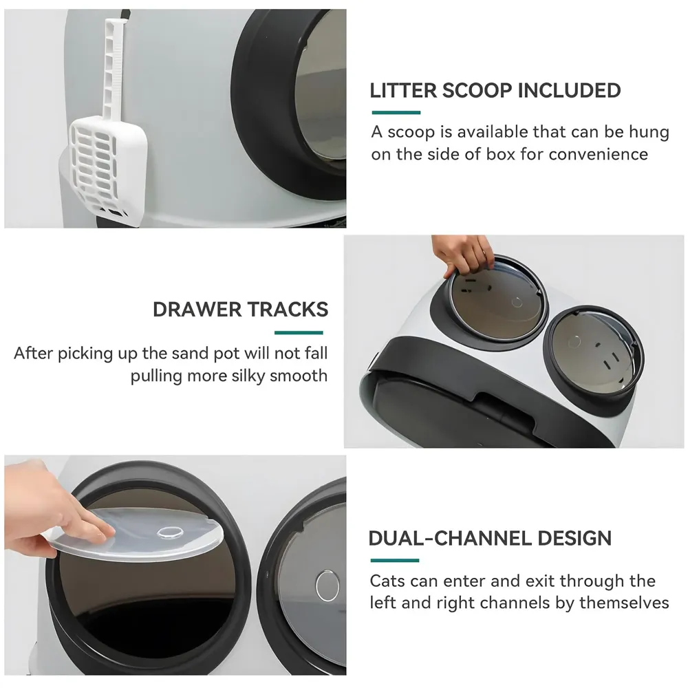 Oversized Cat Litter Box, Litter Box with Lid Large Dual Front Entry, Sliding Litter Drawer with Litter Scoop, Cat Toilet Easy Cleaning - 54 x 43.7 x 38.9 Cm Cute Panda Design Black And White