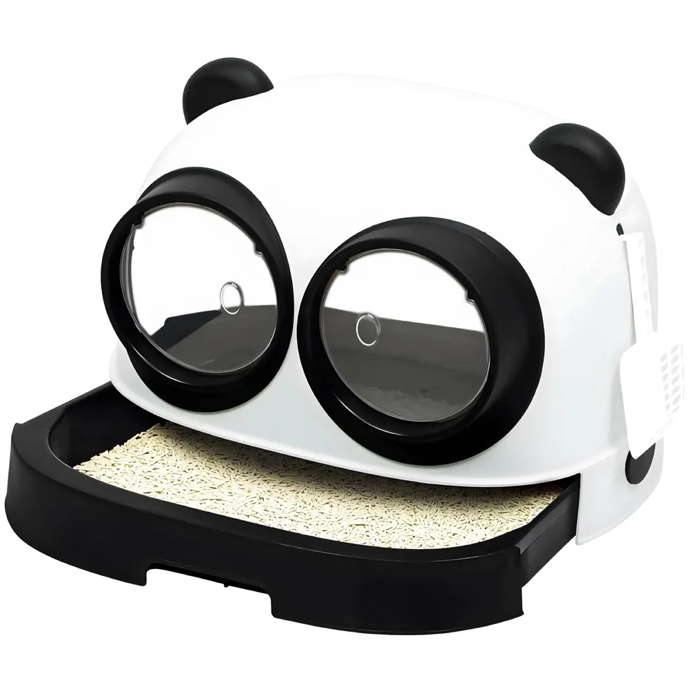 Oversized Cat Litter Box, Litter Box with Lid Large Dual Front Entry, Sliding Litter Drawer with Litter Scoop, Cat Toilet Easy Cleaning - 54 x 43.7 x 38.9 Cm Cute Panda Design Black And White