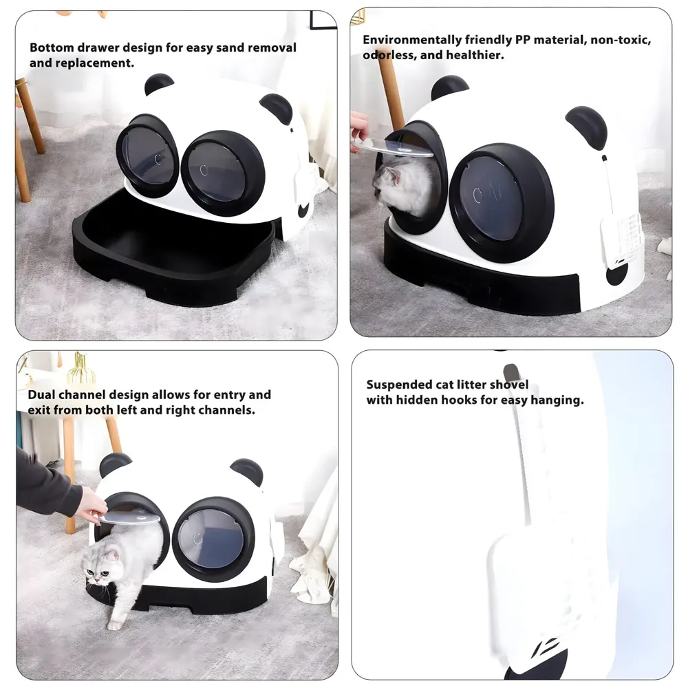 Oversized Cat Litter Box, Litter Box with Lid Large Dual Front Entry, Sliding Litter Drawer with Litter Scoop, Cat Toilet Easy Cleaning - 54 x 43.7 x 38.9 Cm Cute Panda Design Black And White