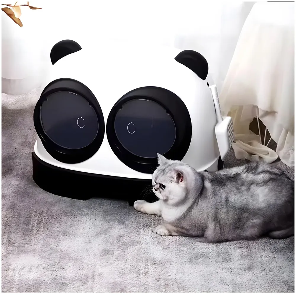 Oversized Cat Litter Box, Litter Box with Lid Large Dual Front Entry, Sliding Litter Drawer with Litter Scoop, Cat Toilet Easy Cleaning - 54 x 43.7 x 38.9 Cm Cute Panda Design Black And White
