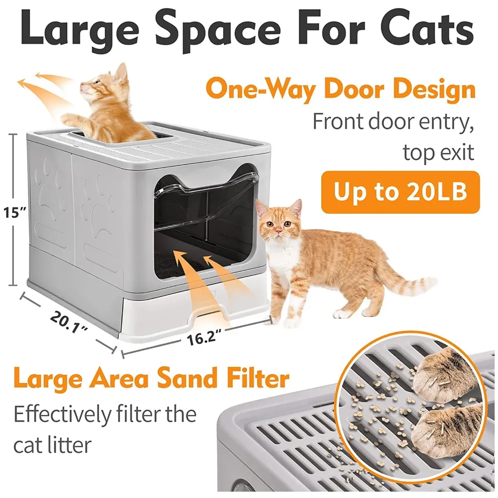 Oversized Foldable Cat Litter Box, Litter Box with Lid Extra Large Front Entry Top Exit, Drawer Type Enclosed with Litter Scoop, Cat Toilet Easy Cleaning - 51x41x38 Cm - 2
