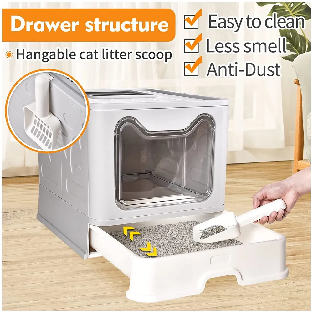 Oversized Foldable Cat Litter Box, Litter Box with Lid Extra Large Front Entry Top Exit, Drawer Type Enclosed with Litter Scoop, Cat Toilet Easy Cleaning - 51x41x38 Cm - 3