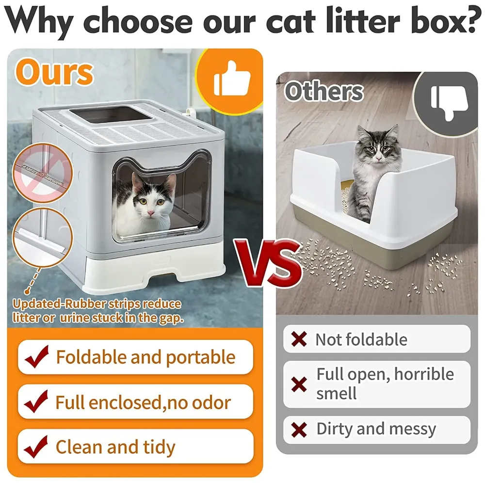 Oversized Foldable Cat Litter Box, Litter Box with Lid Extra Large Front Entry Top Exit, Drawer Type Enclosed with Litter Scoop, Cat Toilet Easy Cleaning - 51x41x38 Cm - 4