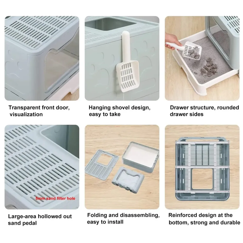 Oversized Foldable Cat Litter Box, Litter Box with Lid Extra Large Front Entry Top Exit, Drawer Type Enclosed with Litter Scoop, Cat Toilet Easy Cleaning - 51x41x38 Cm - 7