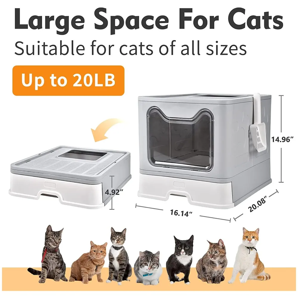 Oversized Foldable Cat Litter Box, Litter Box with Lid Extra Large Front Entry Top Exit, Drawer Type Enclosed with Litter Scoop, Cat Toilet Easy Cleaning - 51x41x38 Cm - 9