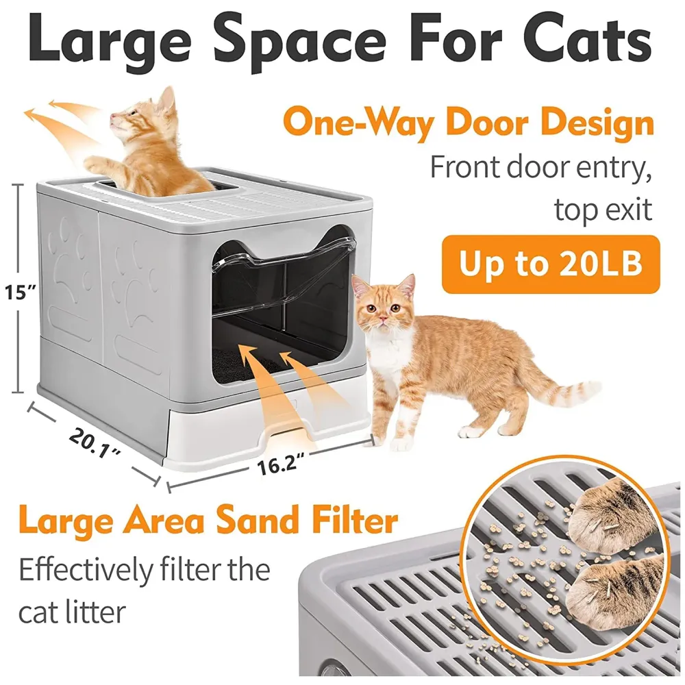 Oversized Foldable Cat Litter Box, Litter Box with Lid Extra Large Front Entry Top Exit, Drawer Type Enclosed with Litter Scoop, Cat Toilet Easy Cleaning - 51x41x38 Cm