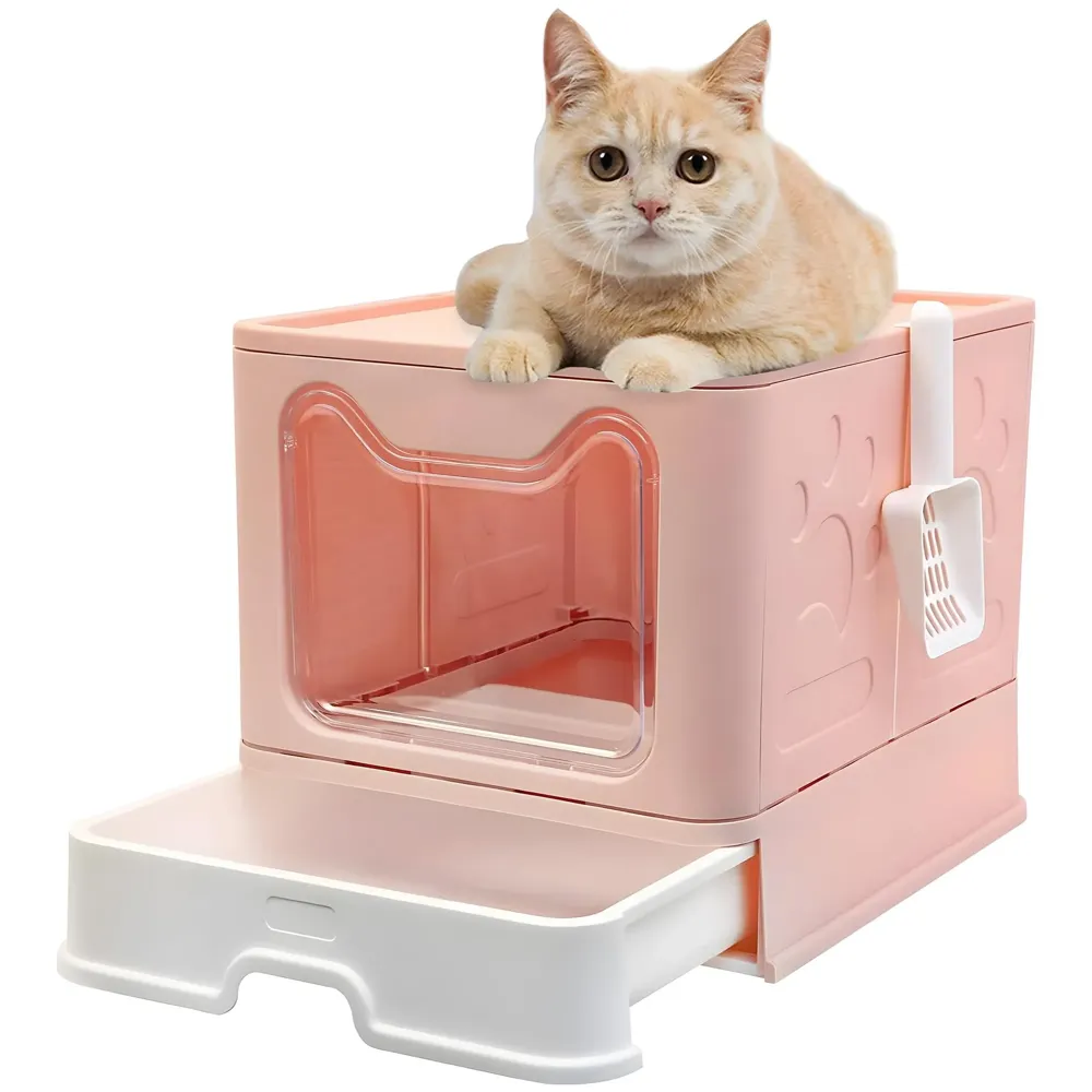 Oversized Cat Litter Box, Foldable Extra Large Front Entry Top Exit Litter Box with Lid, Drawer Kitty Litter Box with Litter Scoop Cat Toilet Easy Cleaning -51 x 41 x 38 Cm Pink - XL Size