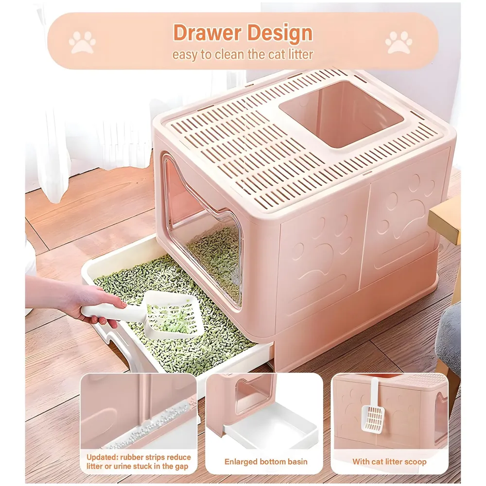 Oversized Cat Litter Box, Foldable Extra Large Front Entry Top Exit Litter Box with Lid, Drawer Kitty Litter Box with Litter Scoop Cat Toilet Easy Cleaning -51 x 41 x 38 Cm Pink - XL Size - 2