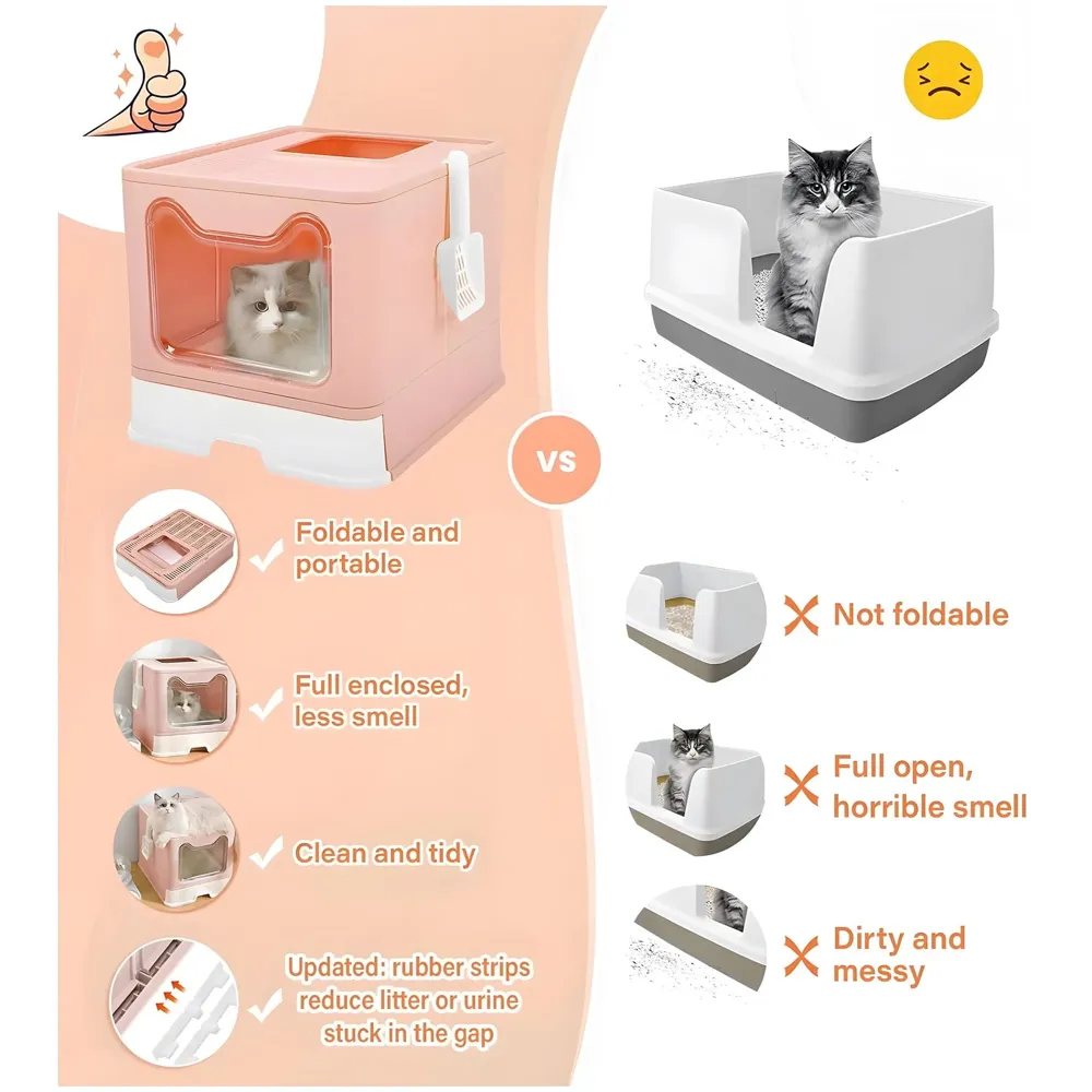 Oversized Cat Litter Box, Foldable Extra Large Front Entry Top Exit Litter Box with Lid, Drawer Kitty Litter Box with Litter Scoop Cat Toilet Easy Cleaning -51 x 41 x 38 Cm Pink - XL Size - 3