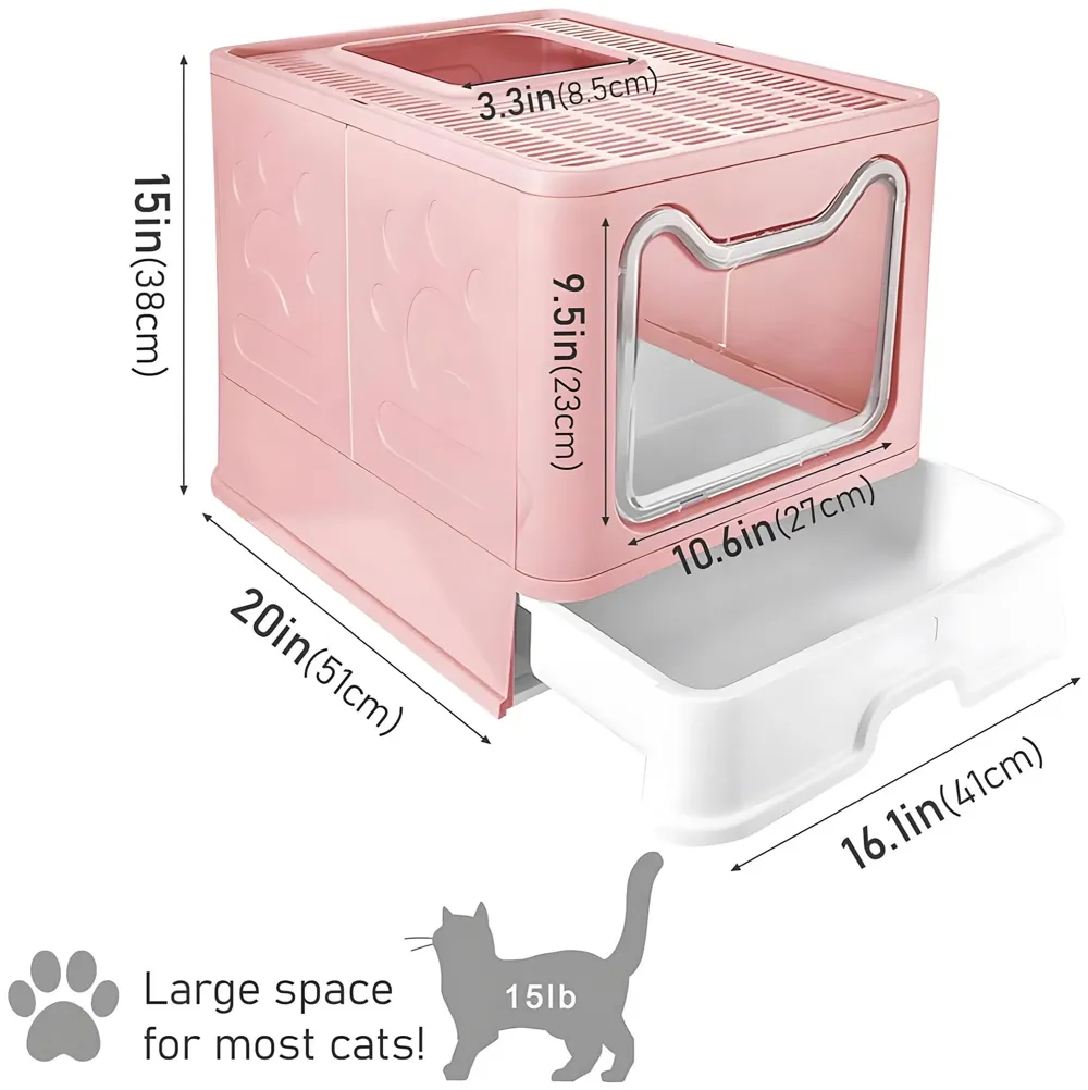 Oversized Cat Litter Box, Foldable Extra Large Front Entry Top Exit Litter Box with Lid, Drawer Kitty Litter Box with Litter Scoop Cat Toilet Easy Cleaning -51 x 41 x 38 Cm Pink - XL Size - 4
