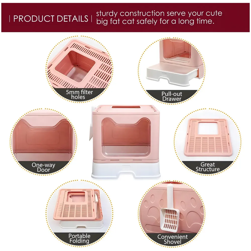 Oversized Cat Litter Box, Foldable Extra Large Front Entry Top Exit Litter Box with Lid, Drawer Kitty Litter Box with Litter Scoop Cat Toilet Easy Cleaning -51 x 41 x 38 Cm Pink - XL Size - 5